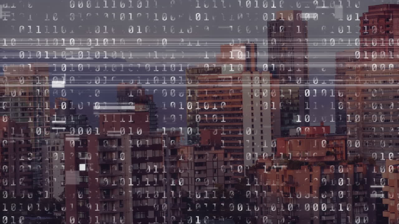 Animation of binary coding over cityscape