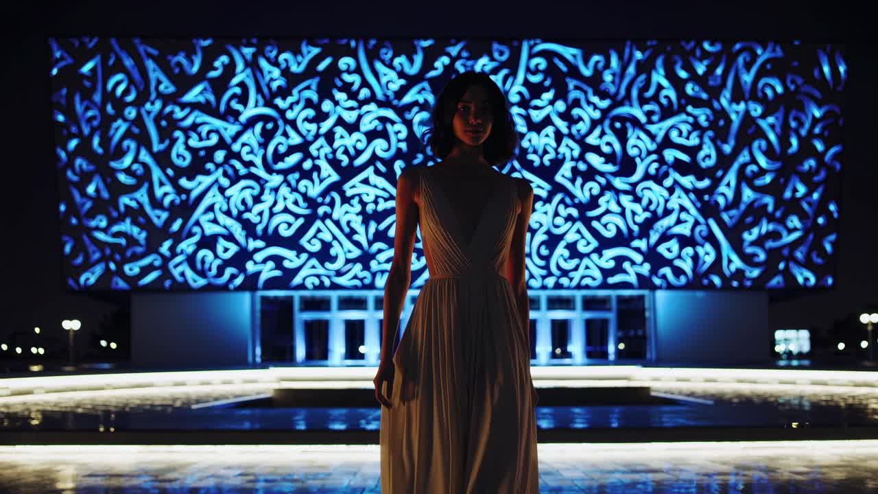 Elegant woman in a long dress is confidently walking in front of a modern building illuminated with intricate blue LED light patterns at night