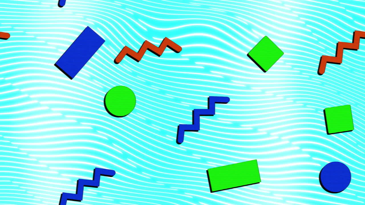 Animation of colourful shapes over white lines on blue background