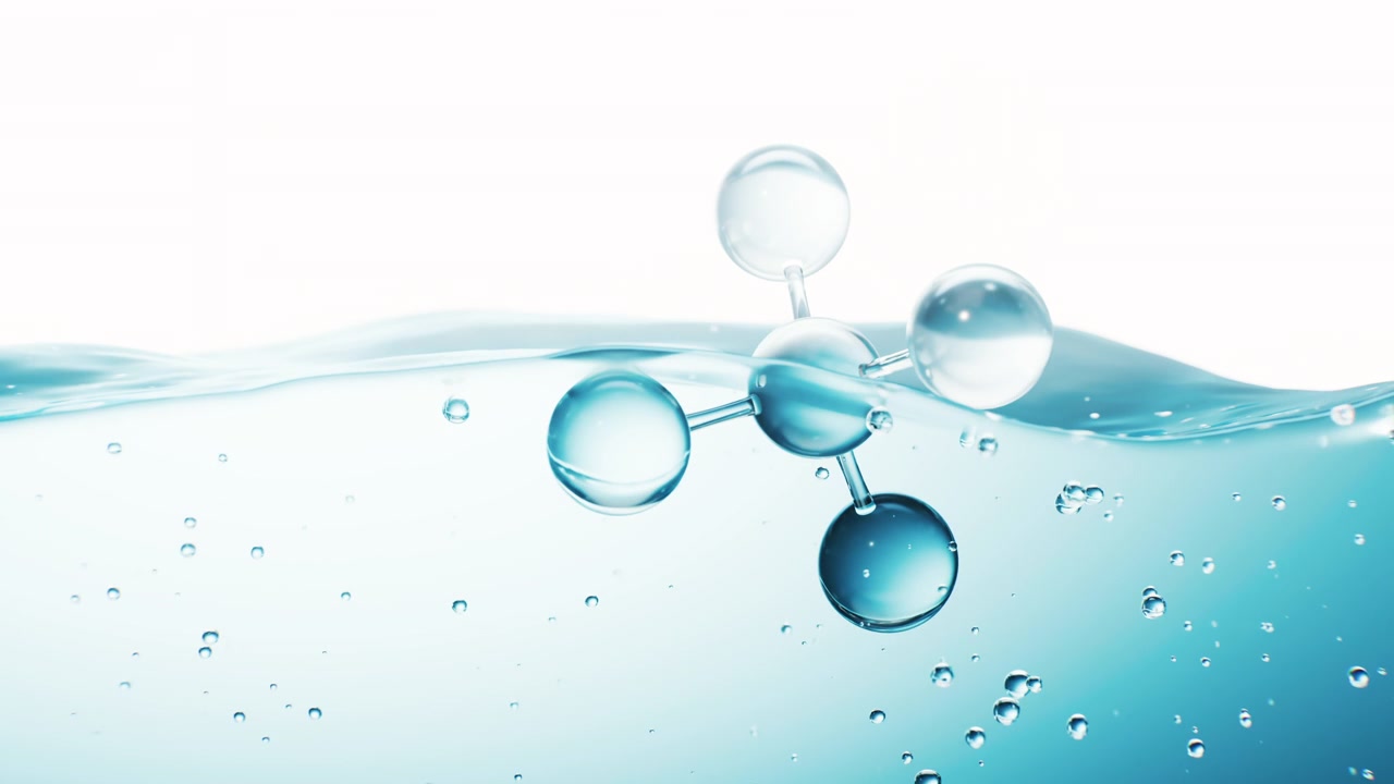 Molecola cosmetica con sfondo a superficie d'acqua fluente, rendering 3D
