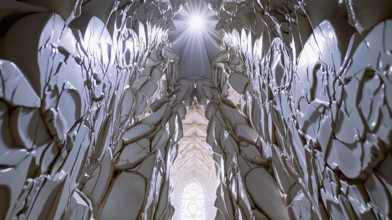 Light beams illuminate intricate architectural details in a stunning corridor, showcasing the dynamic interplay of shadows and textures in a captivating scene