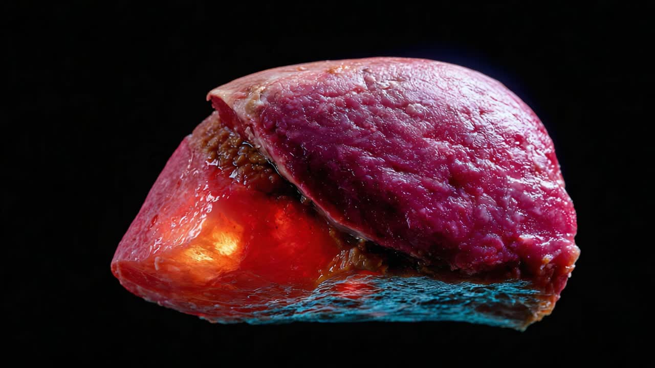A Close-Up Look at a Healthy Organ: Exploring the Intricacies of a Liver with Stunning Details and Vivid Colors Against a Black Background