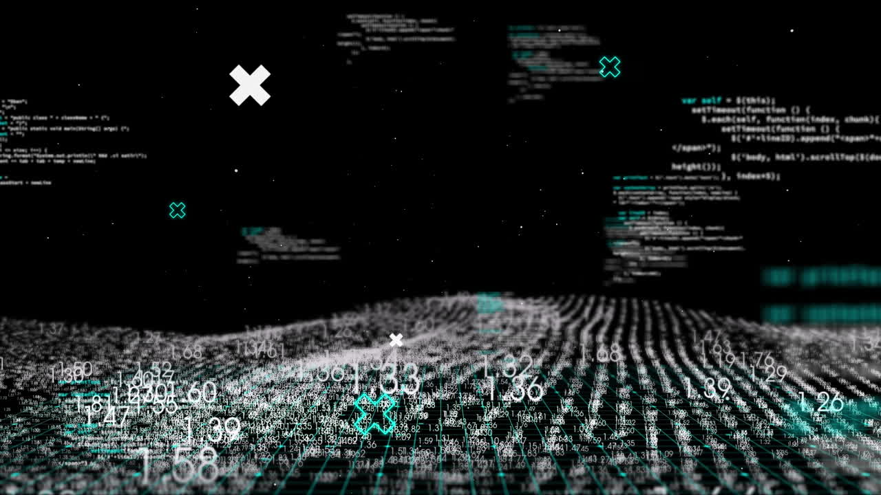 Animation of data processing over binary coding on black background