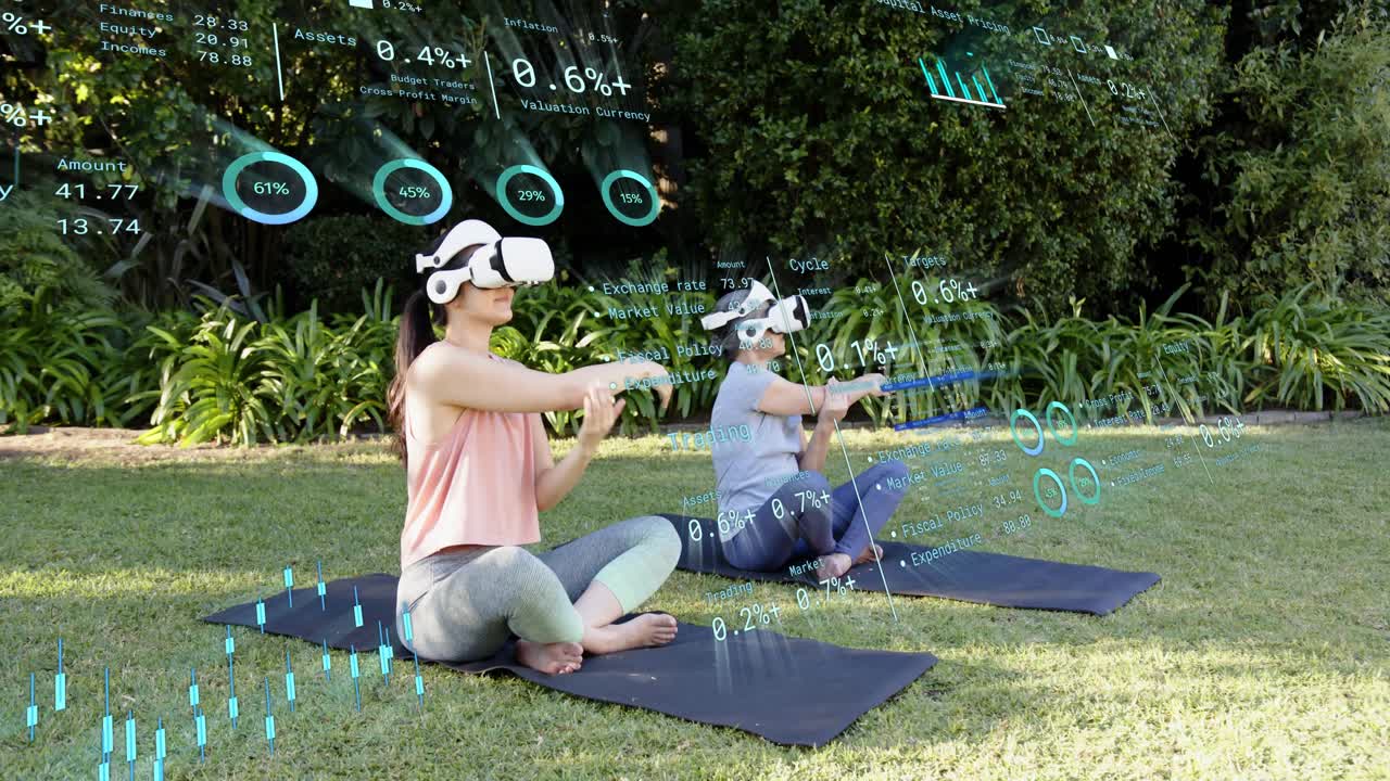 Two women placing VR headsets on lawn, engaging AR charts, meditating then sweeping arms for health