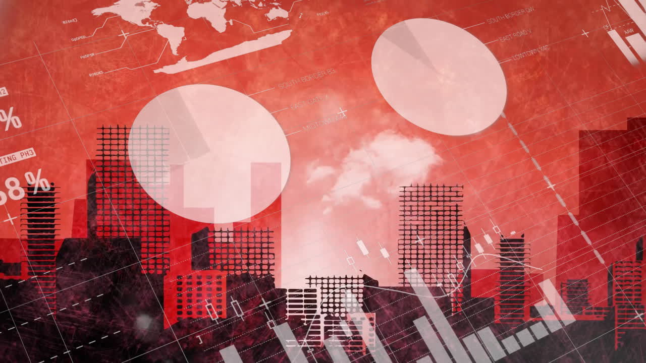 해가 지는 도시 풍경에서 데이터를 처리하는 지도의 애니메이션