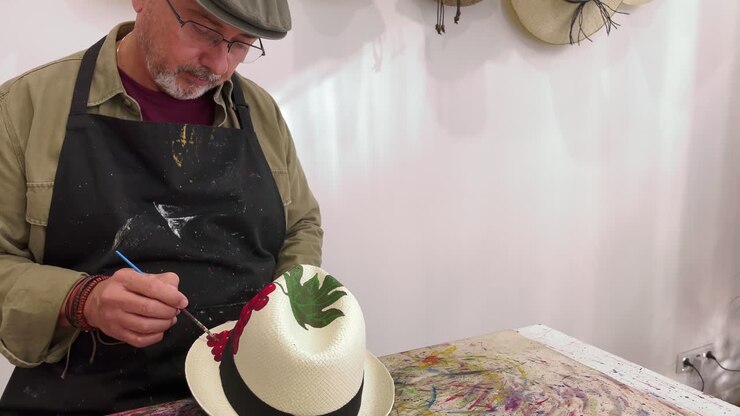 Artista talentuoso che dipinge su un cappello in uno studio creativo.