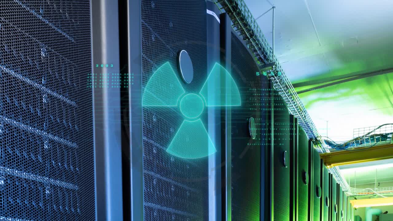animación del símbolo nuclear sobre el procesamiento de datos y la sala de servidores