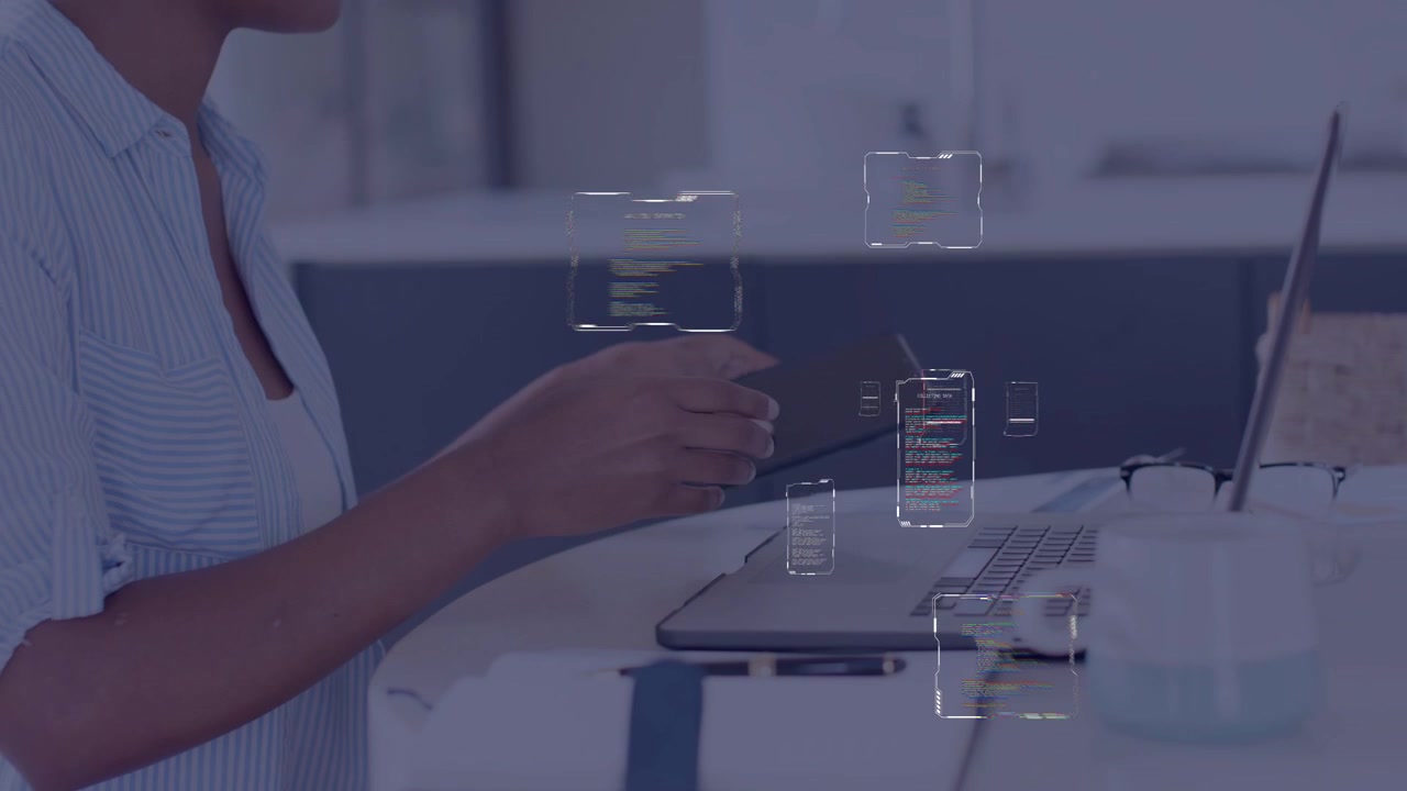 Woman placing fingers on laptop keys bringing HUD over devices, picking phone checking data in tech