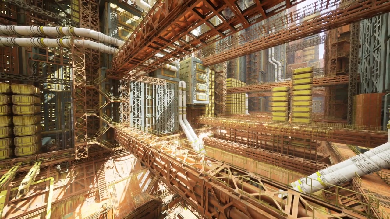 Futuristic factory scene industrial hall with towering cylinders