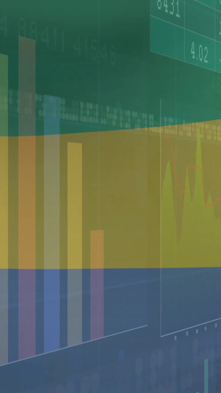 Animazione di grafici e diagrammi finanziari su sfondo verde e blu