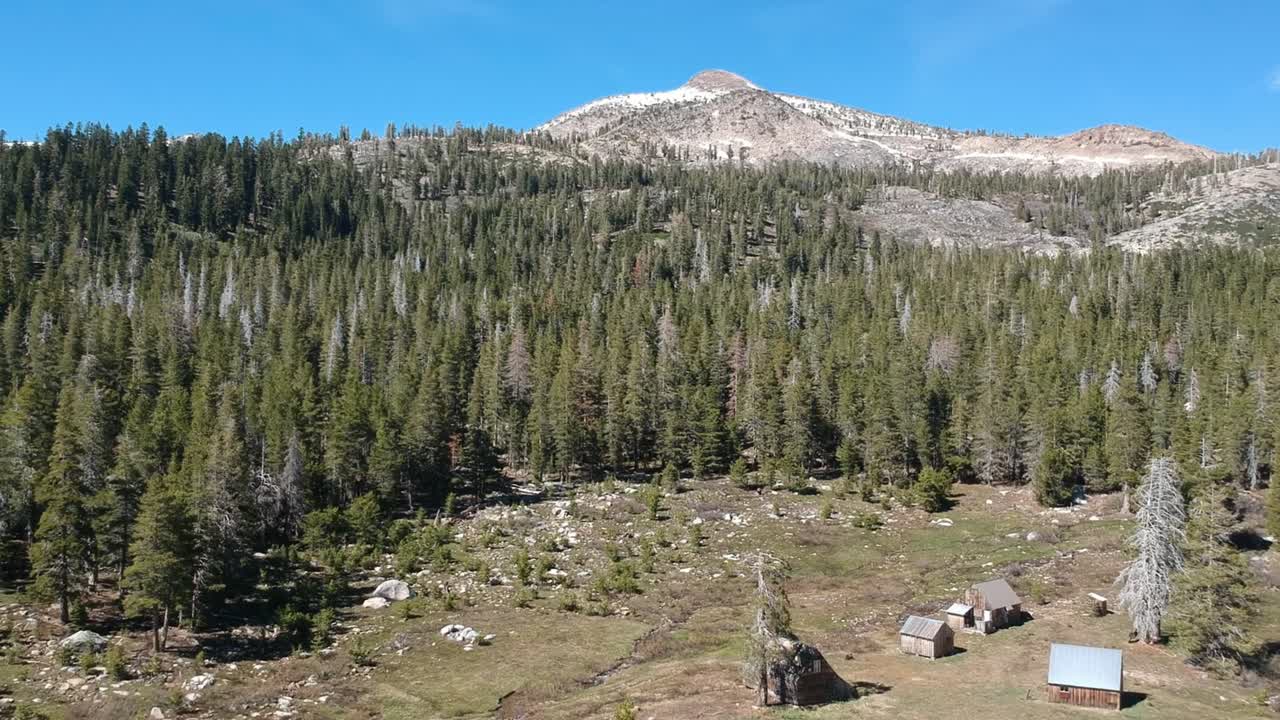 Vista aerea di un paesaggio montano boscoso con un prato e delle baite in California.