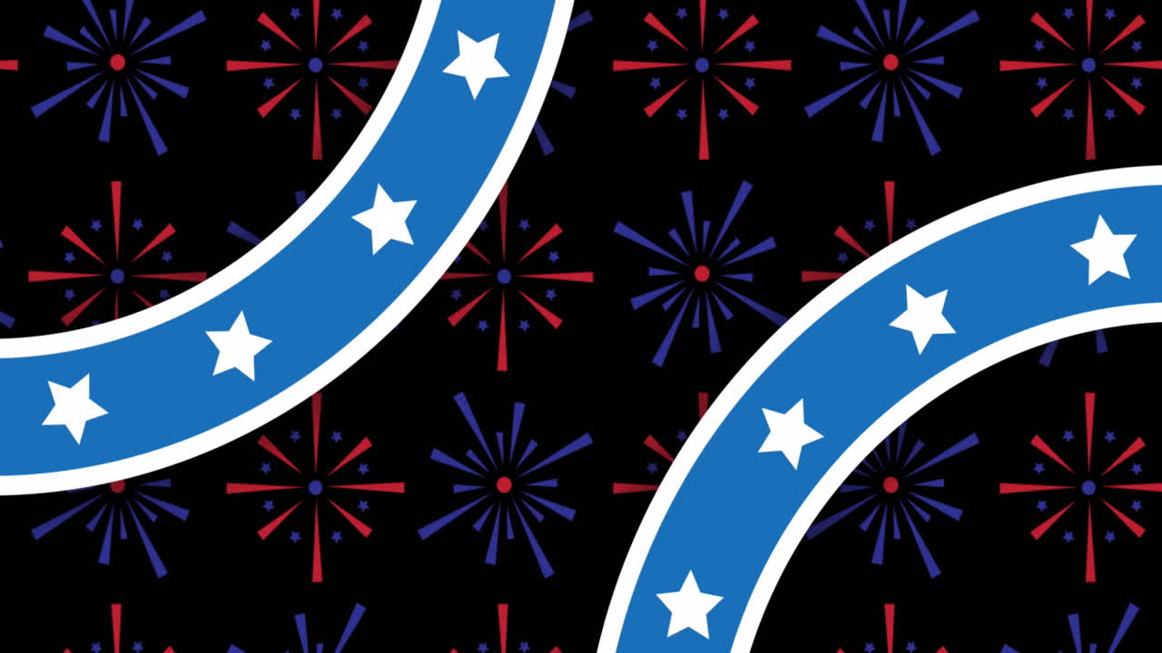 Animation of blue shapes with white stars over fireworks on black background