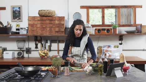 biracial female cooking vlogger preparing meal, talking, filming in kitchen, slow motion, copy space
