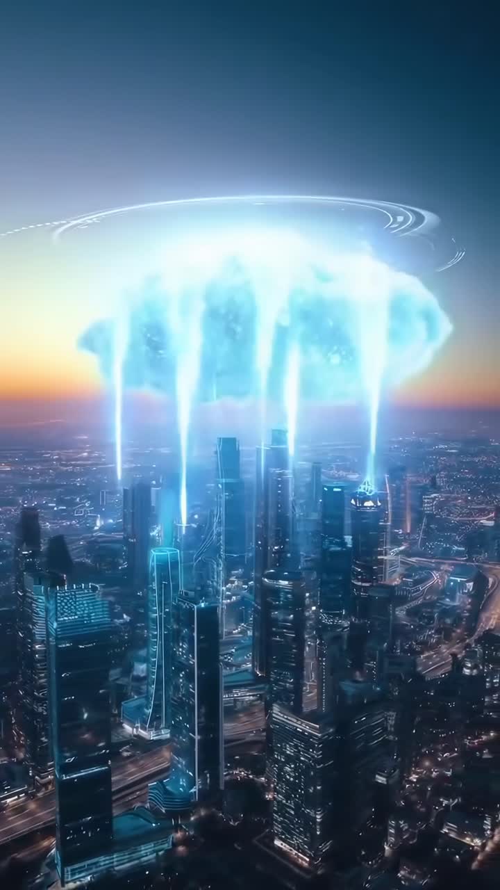 Futuristic cityscape with a digital cloud above skyscrapers, viewed from a high angle, video style