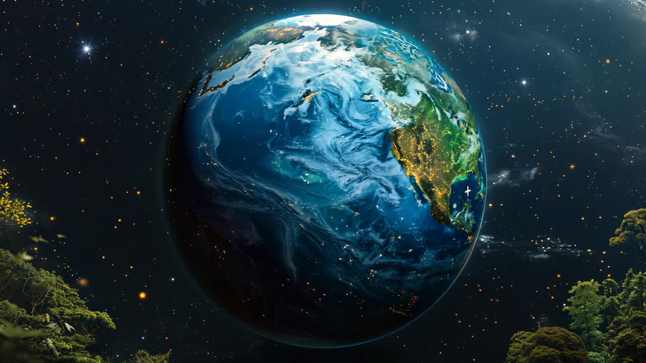 A close up of the Earth with the North Pole in the center. The image is of a planet with a bright star in the background