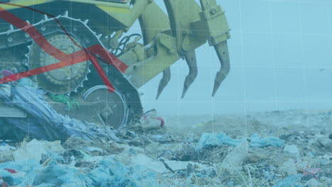 gráfico rojo moviéndose sobre la red de red contra la excavadora que trabaja en el vertedero con pájaros en el cielo