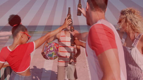 friends toasting with beer bottles on beach over sunburst pattern animation