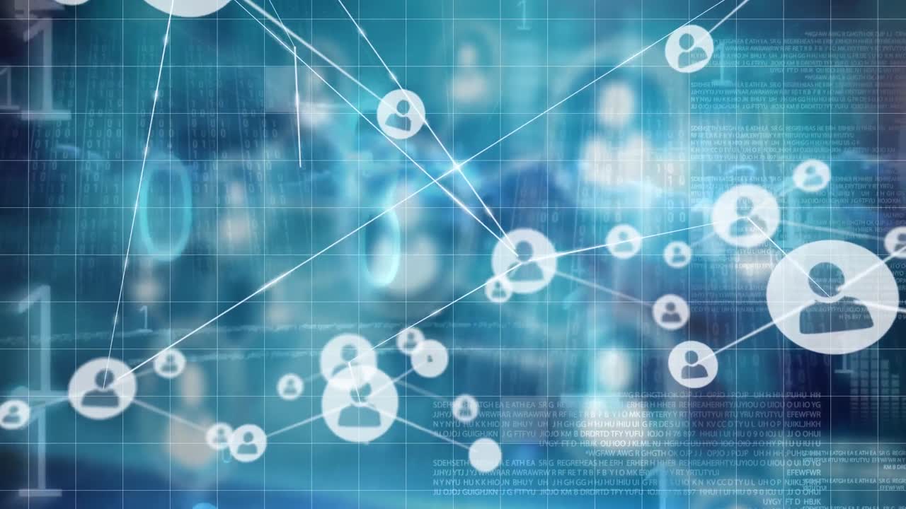 이진 코딩, 데이터 처리 및 사람 아이콘과의 연결 네트워크의 애니메이션