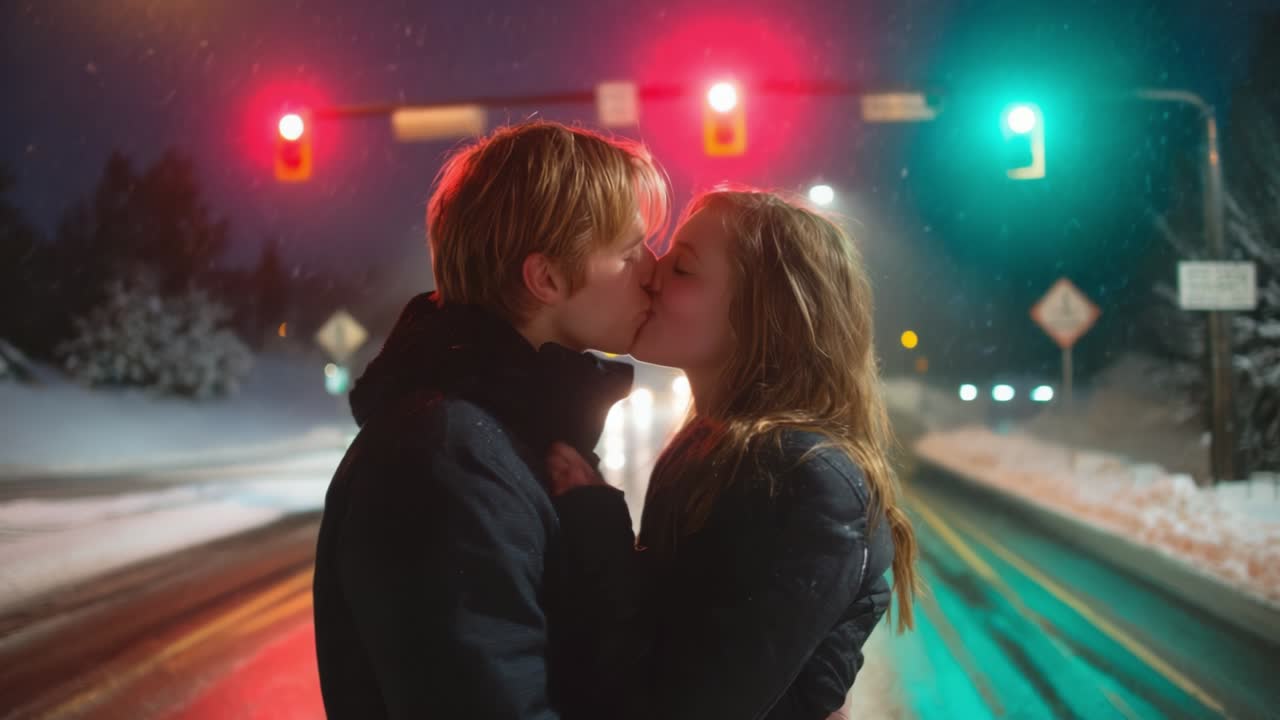 An intimate moment shared between two people in a snowy, illuminated city street, as they kiss under the glowing traffic lights during a serene and romantic winter night