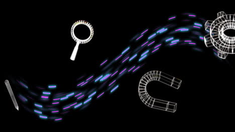animation of media icons and blue shapes on black background