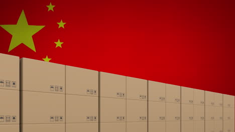 animation of cardboard boxes over flag of china