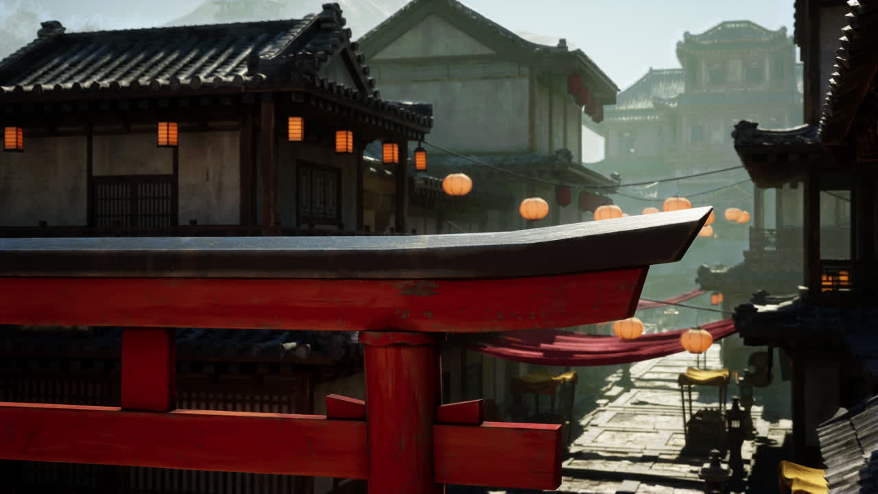 calle serena de un pueblo japonés con la puerta de torii