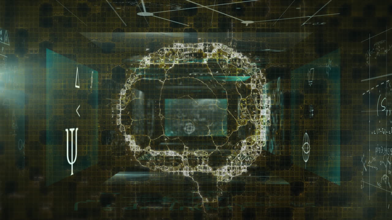 Digital animation of human brain spinning against screens with mathematical equation