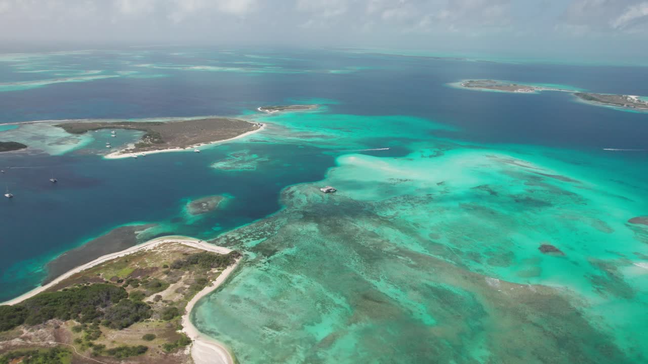 Aerial view of turquoise waters in Fransisky, Los Roques, Venezuela