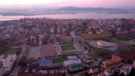 santander aerial view at sunset of the city residential area with the football stadium el sardinero