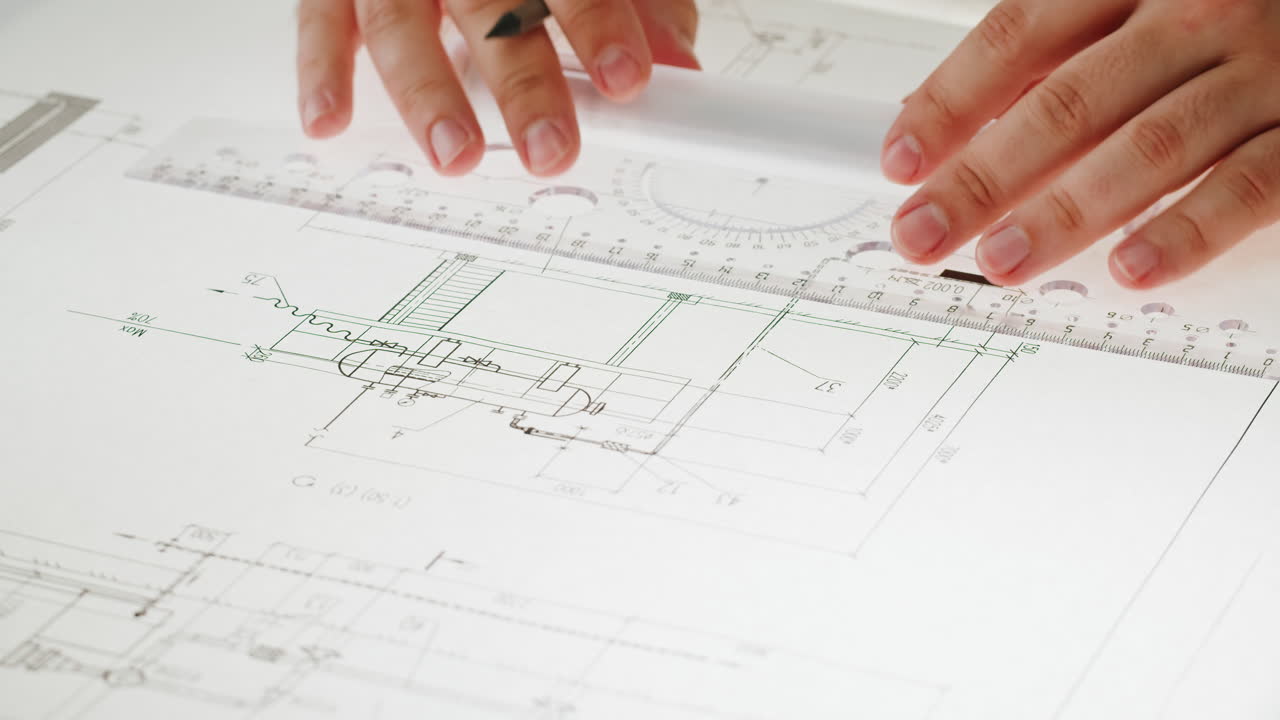Hands drafting architectural plans with a ruler and pencil