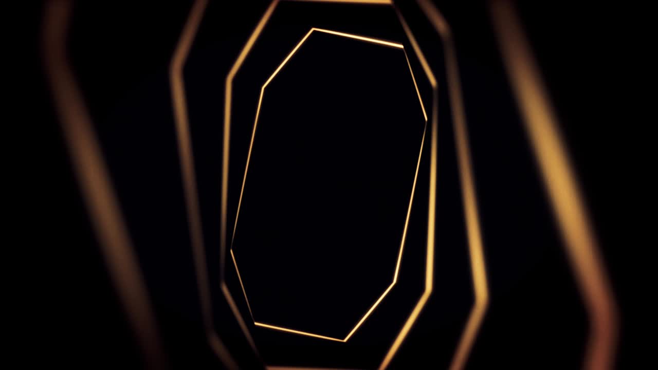 Abstract activity with rotating golden tunnel on black background, seamless loop. Animation. Abstract funnel of yellow octagons spinning endlessly
