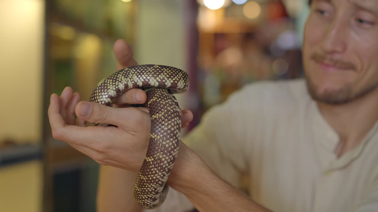 A man visits a cafe with exotic animals. Cafe where you can contact with animals. He is touching a snake.