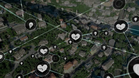 Animation-Eines-Netzwerks-Von-Verbindungen-Mit-Symbolen-über-Dem-Stadtbild