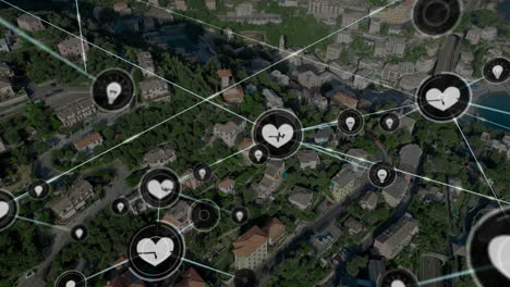 animación de la red de conexiones con iconos sobre el paisaje urbano