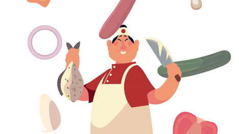 japanese chef worker with fish and knife animation