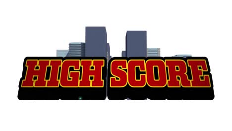 animation of high score text in red letters over cityscape background