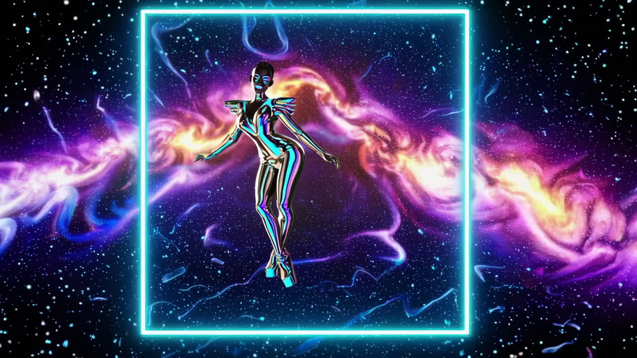 Iridescent Robotic Figure in a Cosmic Neon Landscape