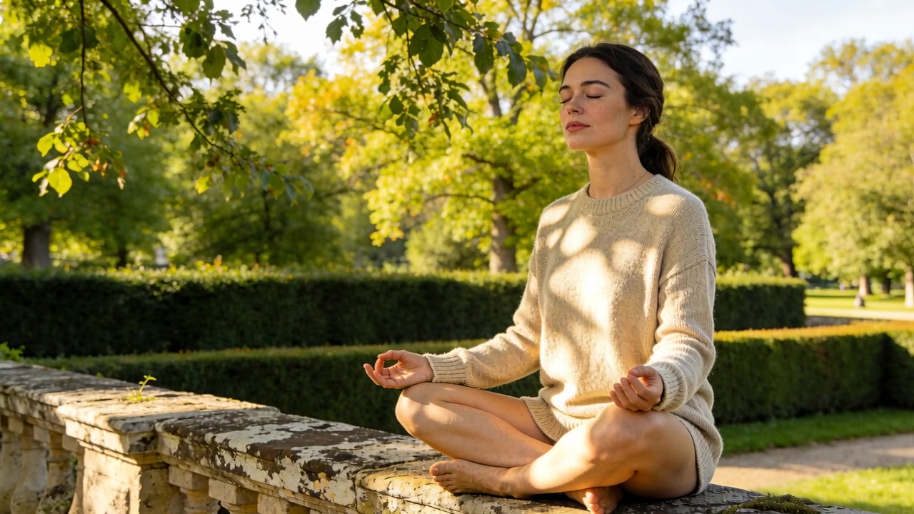 Mujer meditando con suéter color crema y pantalones cortos, sosteniendo el Gyan mudra en una barandilla de piedra en un parque para encontrar la calma.