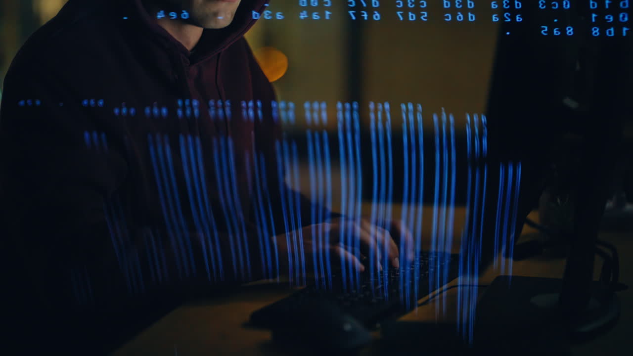 Code projection hacker breaking system at night room closeup. Cyber attacker