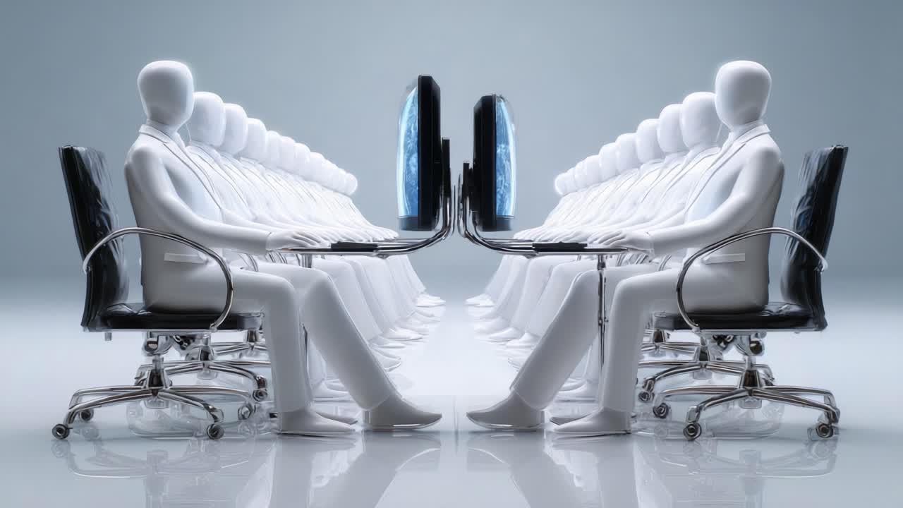 A Visual Representation of Connectivity in a Digital World: Rows of Identical White Figures Interacting with Computers Symbolizing Technology and Human Connection