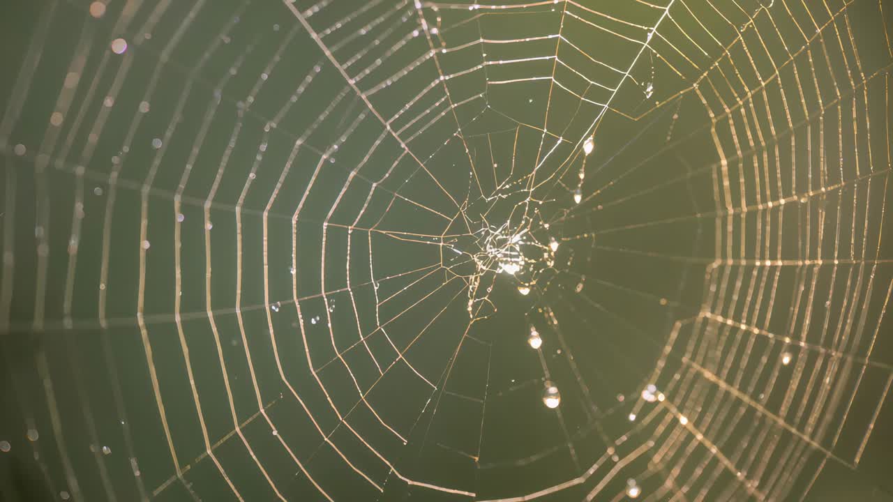 Shimmering orb spider web reflecting warm backlight at garden edge, showing dew droplets shifting