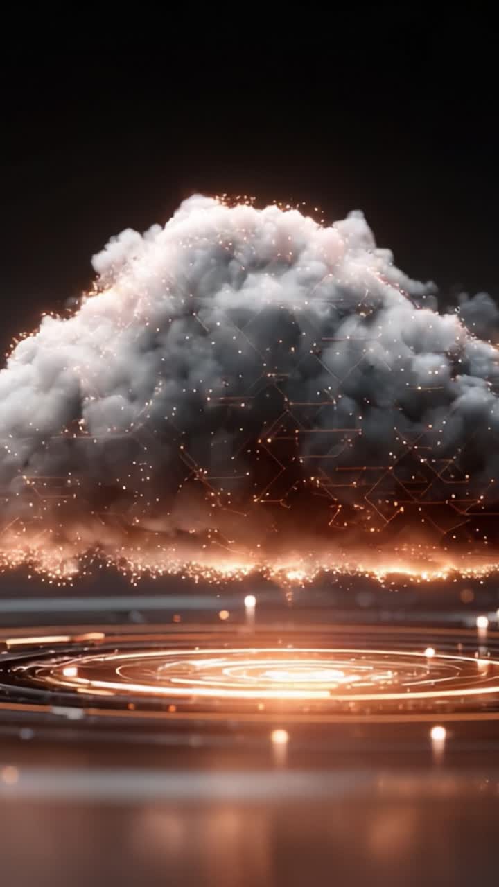 En spændende gengivelse af en flydende skygenstand med funklende detaljer over en cirkulær base, der forener teknologi og fantasi i en digital verden