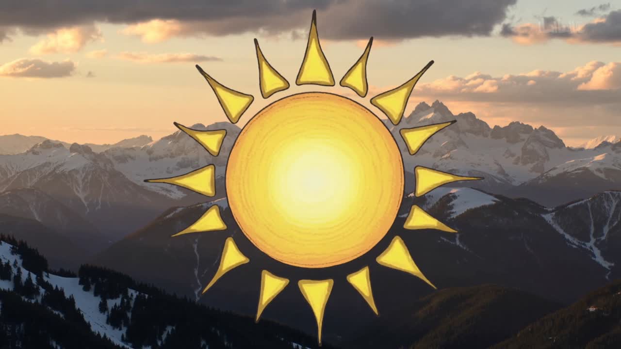 Gráfico de sol estilizado em sobreposição, girando e pulsando sobre picos alpinos nevados, realçando o céu.
