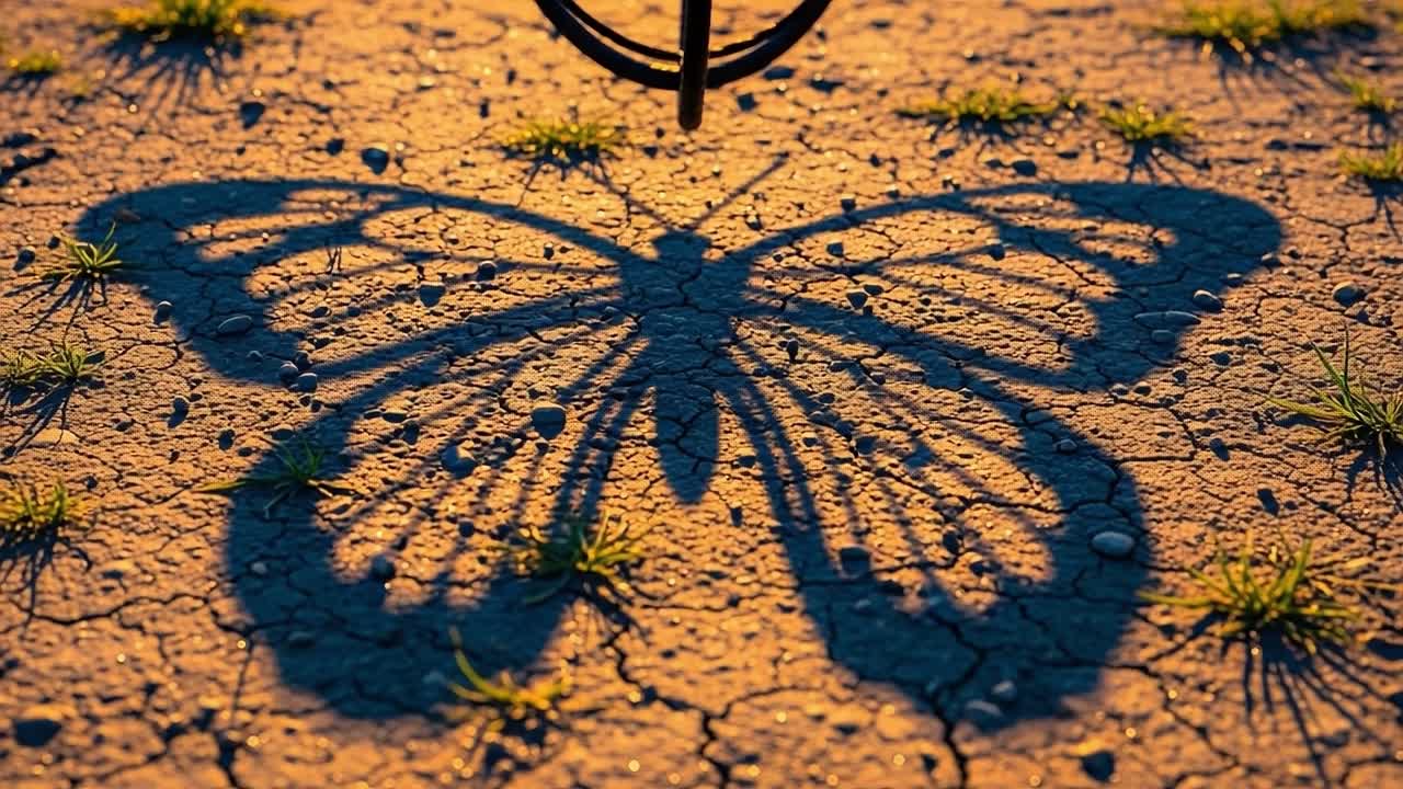 A beautiful butterfly shadow cast on the ground by an unseen object, showcasing intricate details against the warm sunlit backdrop of a natural setting