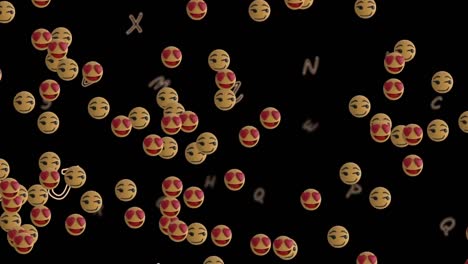 Animation-Von-Emojis,-Die-über-Buchstaben-Auf-Schwarzem-Hintergrund-Schweben