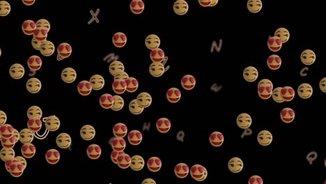 Animación-De-Emojis-Flotando-Sobre-Letras-Sobre-Fondo-Negro