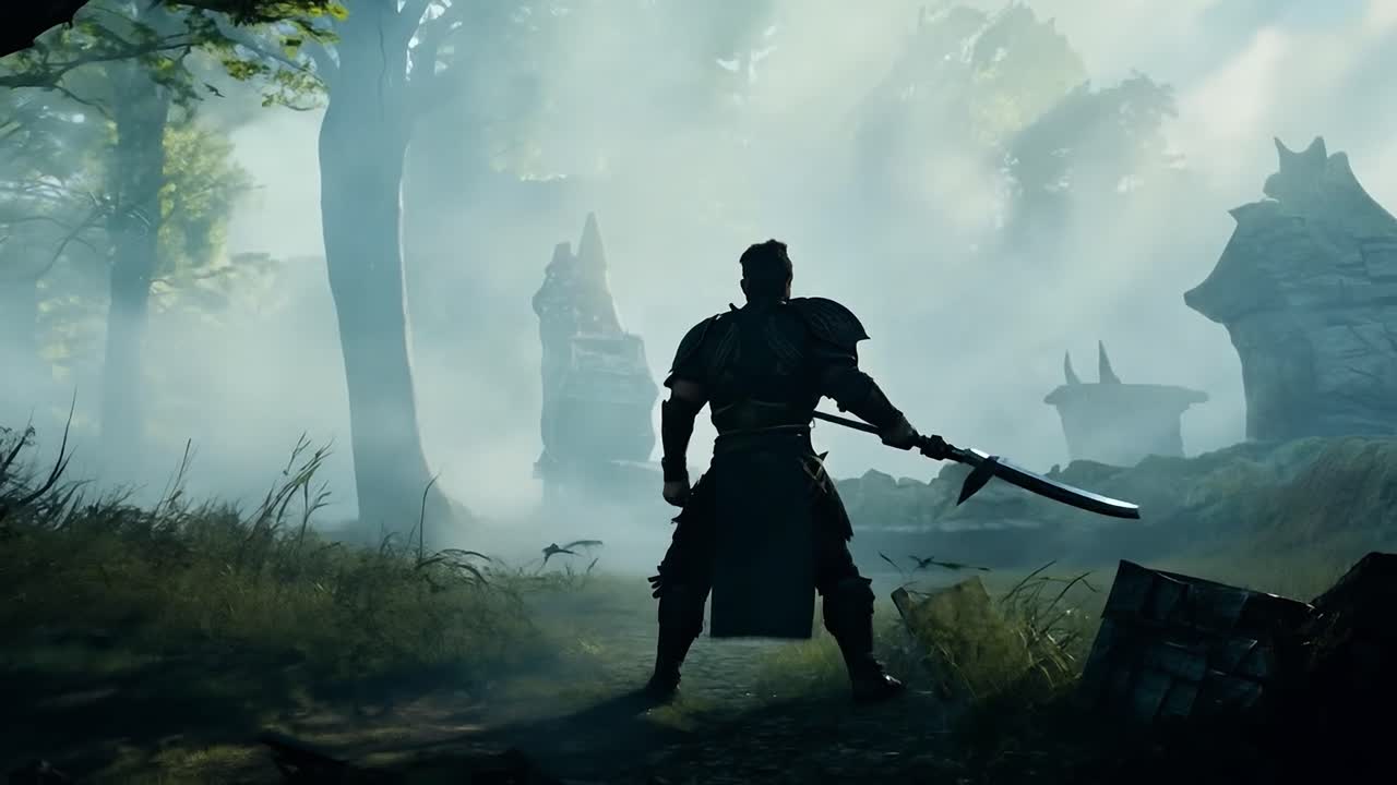 un personaje de fantasía empuñando una espada en un bosque de niebla