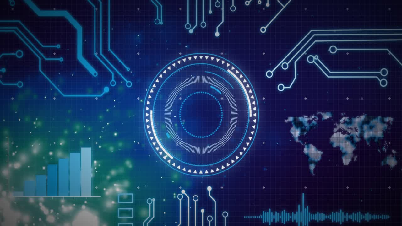 검은색 배경에 메인보드, 데이터 및 녹색 입자를 가진 원형 스캐너의 애니메이션