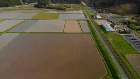 Inclinación-Aérea-Lenta-Hacia-Arriba-Sobre-Campos-De-Arroz-Llenos-De-Agua-En-El-Campo-Japonés