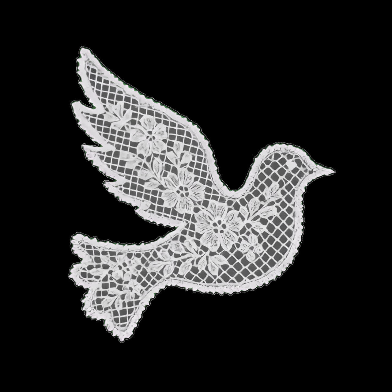 Intricate lace bird design animation isolated asset, transparent 4K video, alpha channel, ProRes